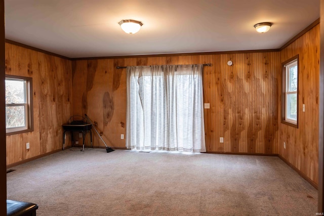 carpeted spare room featuring crown molding and wood walls