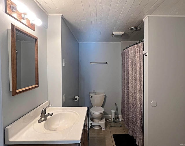 bathroom with walk in shower, vanity, wooden ceiling, tile patterned flooring, and toilet