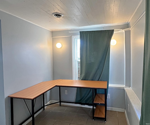 tiled office space featuring wood ceiling