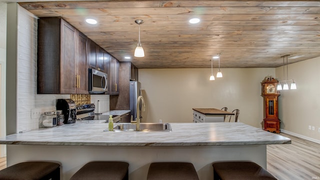 kitchen with dark brown cabinets, stainless steel appliances, and hanging light fixtures