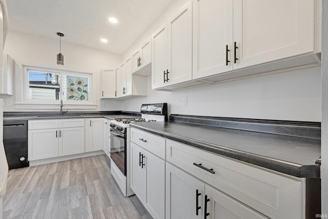 kitchen with dishwasher, sink, light hardwood / wood-style floors, white range with gas cooktop, and white cabinets