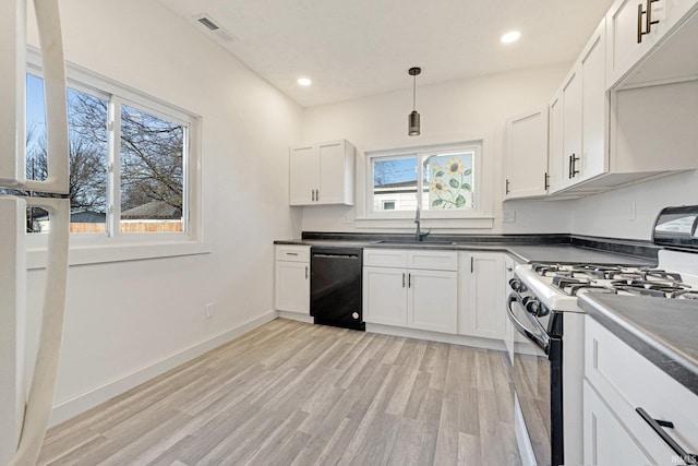 kitchen with light wood-type flooring, white cabinets, sink, dishwasher, and range with gas stovetop