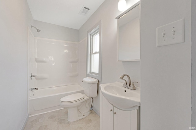 full bathroom with shower / tub combination, vanity, and toilet