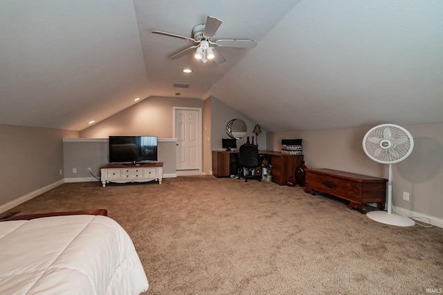 bedroom featuring carpet flooring, ceiling fan, and lofted ceiling