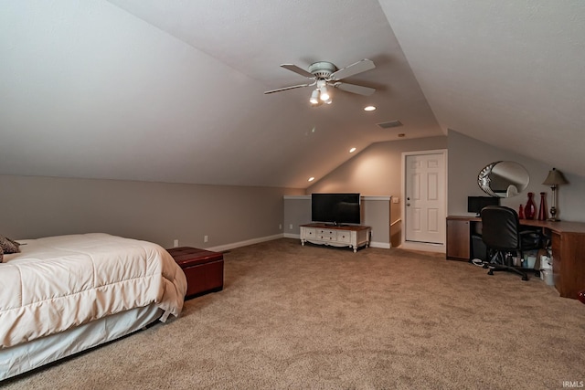 carpeted bedroom featuring ceiling fan and vaulted ceiling