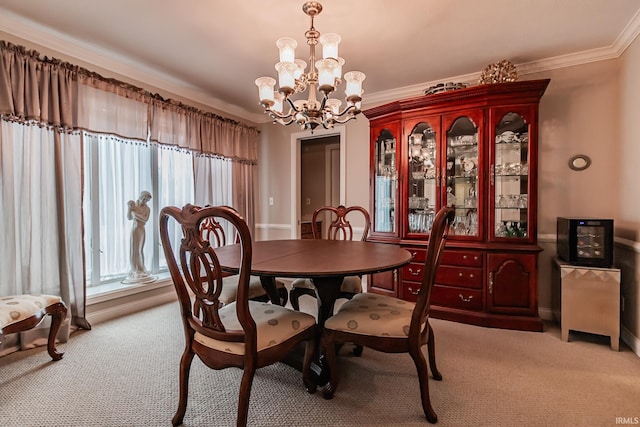 dining area with light colored carpet, crown molding, and a chandelier