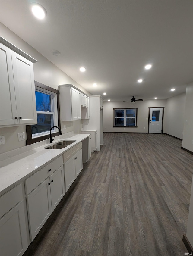 kitchen featuring white cabinets, sink, ceiling fan, light stone countertops, and dark hardwood / wood-style flooring