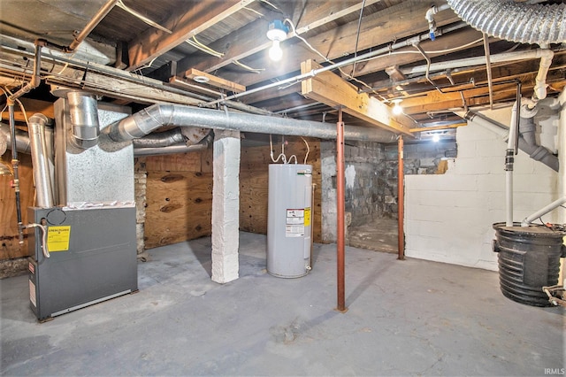 basement featuring electric water heater and heating unit