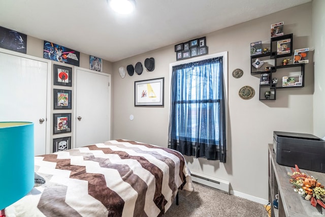 bedroom featuring carpet flooring and a baseboard radiator