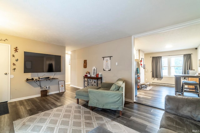 living room with a baseboard radiator and dark wood-type flooring