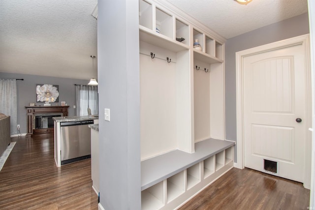 mudroom with a textured ceiling and dark hardwood / wood-style flooring