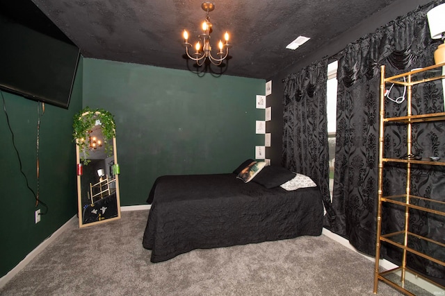 unfurnished bedroom featuring carpet flooring, a notable chandelier, and a textured ceiling