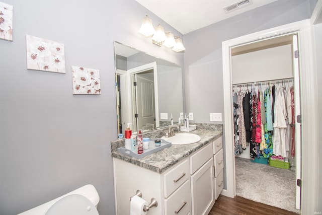 bathroom with hardwood / wood-style floors and vanity