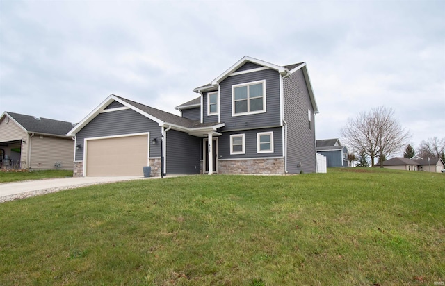 view of front facade with a front yard and a garage