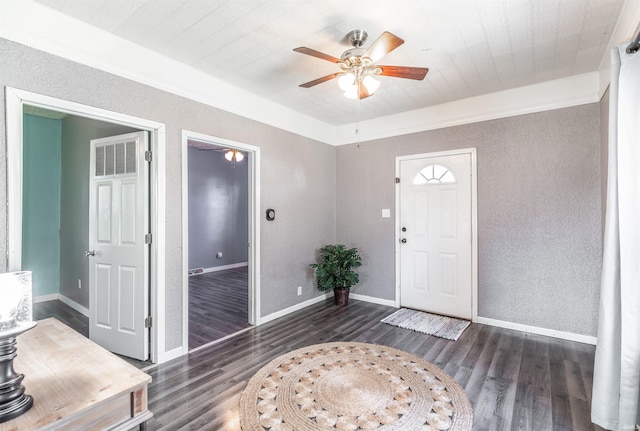 foyer entrance with ceiling fan and dark wood-type flooring