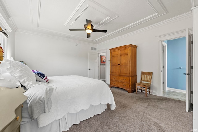 bedroom featuring ceiling fan, crown molding, and carpet