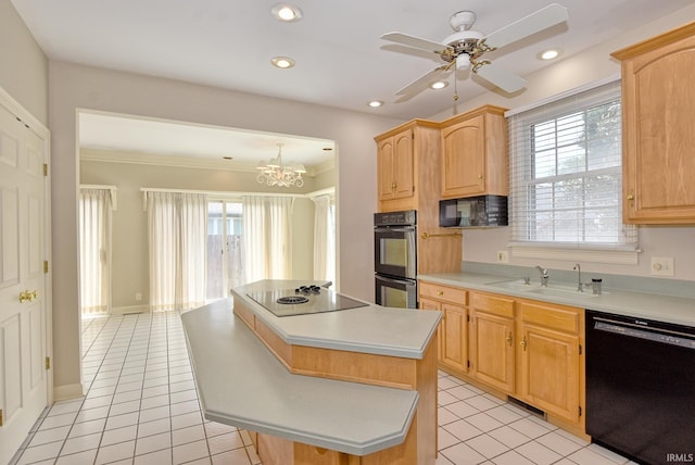 210 Shane Ct, Evansville, IN 47715 - kitchen featuring black appliances, light tile patterned floors, a kitchen island, light countertops, and recessed lighting