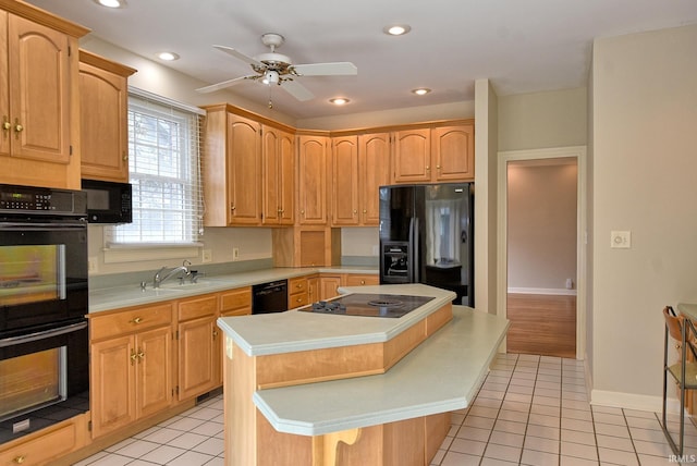 210 Shane Ct, Evansville, IN 47715 - kitchen with black appliances, light countertops, a ceiling fan, light tile patterned flooring, and recessed lighting