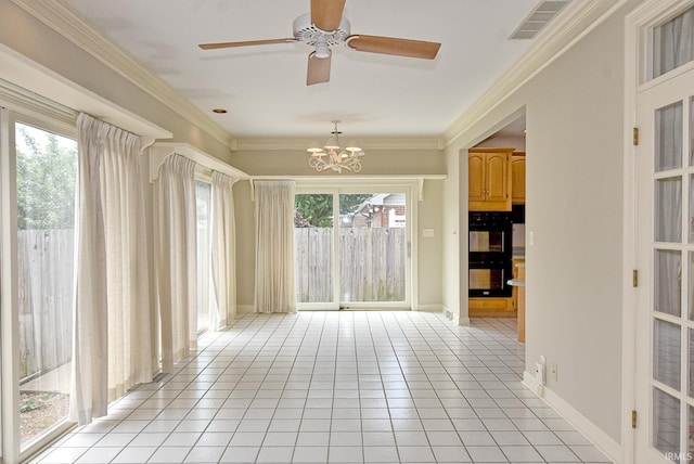 210 Shane Ct, Evansville, IN 47715 - unfurnished room with light tile patterned floors, a chandelier, ceiling fan, baseboards, and ornamental molding