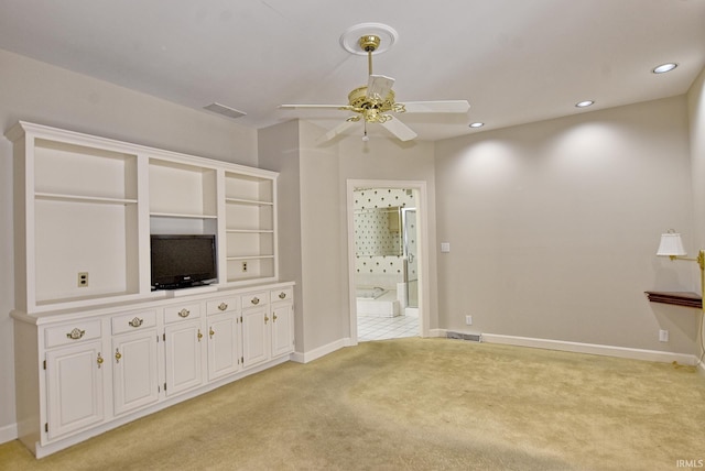 210 Shane Ct, Evansville, IN 47715 - unfurnished living room with light colored carpet, ceiling fan, baseboards, and recessed lighting