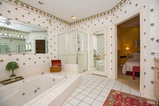 bathroom featuring tile patterned floors, ceiling fan, and separate shower and tub