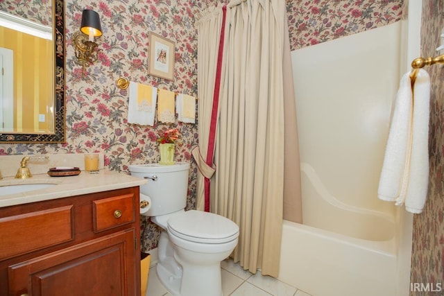 210 Shane Ct, Evansville, IN 47715 - bathroom with wallpapered walls, vanity, tile patterned floors, toilet, and shower / bathtub combination with curtain