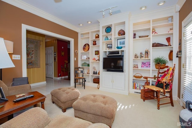 living room featuring light carpet and ornamental molding