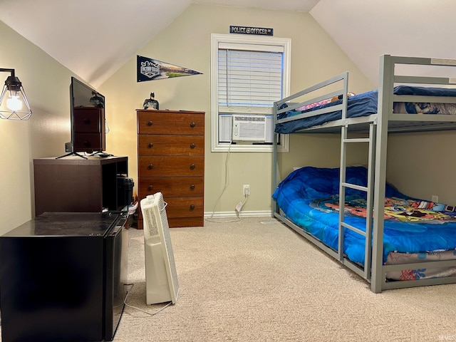 carpeted bedroom featuring cooling unit and lofted ceiling