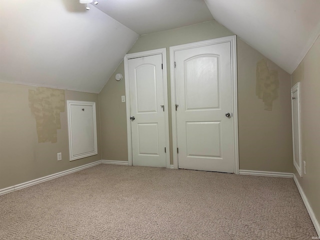 additional living space with light colored carpet and lofted ceiling