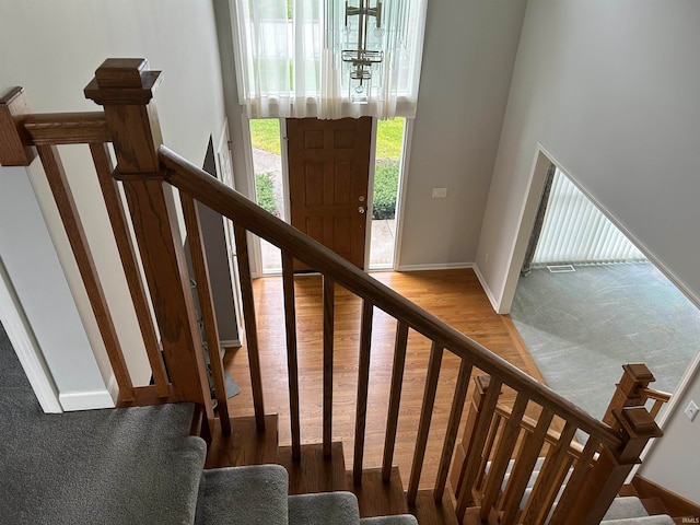 stairway with hardwood / wood-style flooring