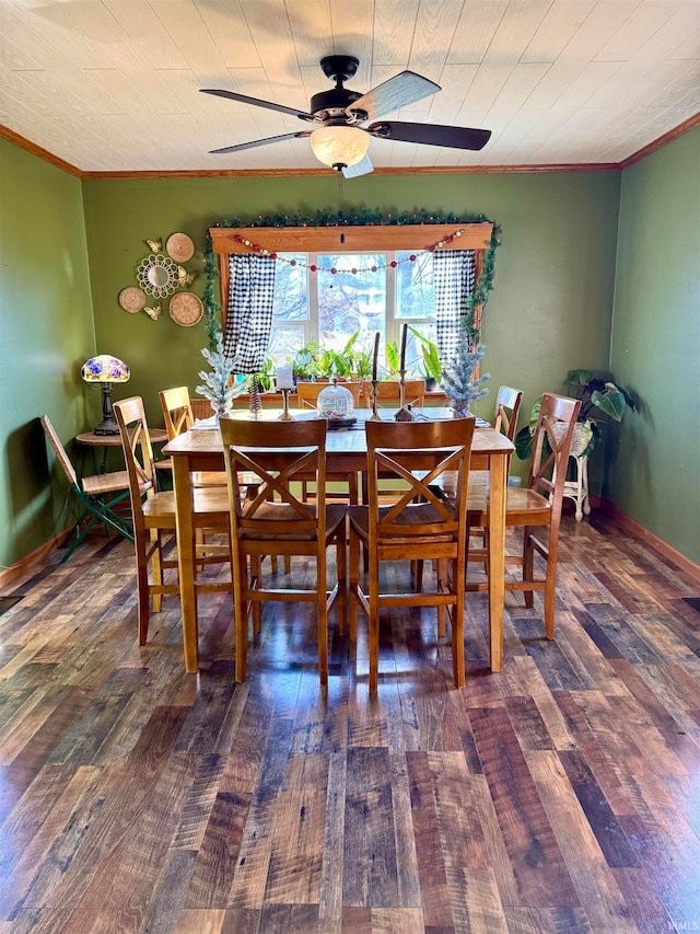 dining room with dark hardwood / wood-style floors, ceiling fan, and ornamental molding