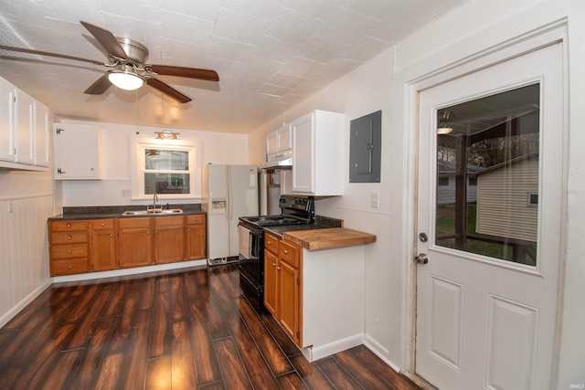 kitchen with electric panel, electric range, white cabinets, and white refrigerator with ice dispenser