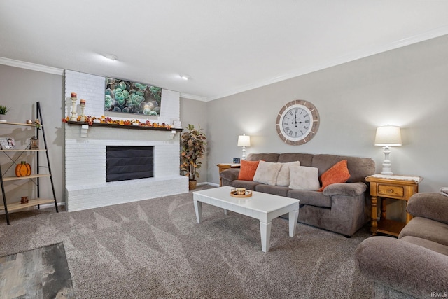 carpeted living room featuring crown molding and a fireplace