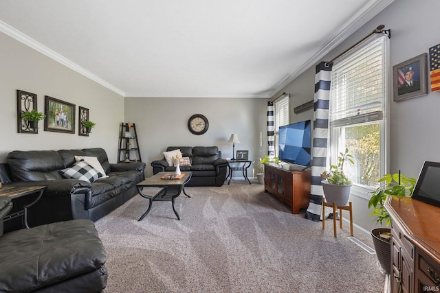 living room featuring carpet flooring and ornamental molding