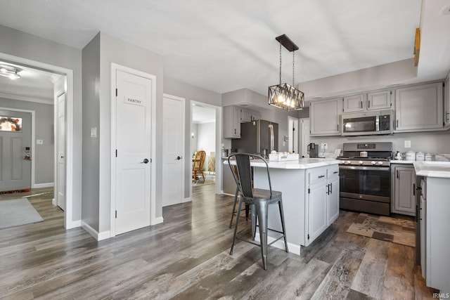 kitchen with dark hardwood / wood-style flooring, a center island, gray cabinets, and stainless steel appliances