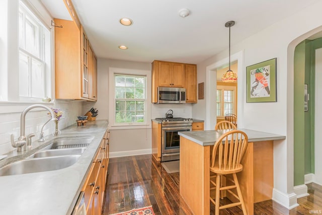 kitchen with decorative light fixtures, dark hardwood / wood-style flooring, stainless steel appliances, and sink