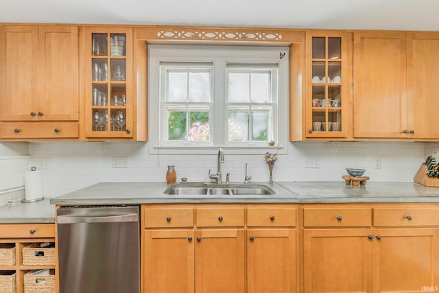 kitchen featuring dishwasher, decorative backsplash, and sink