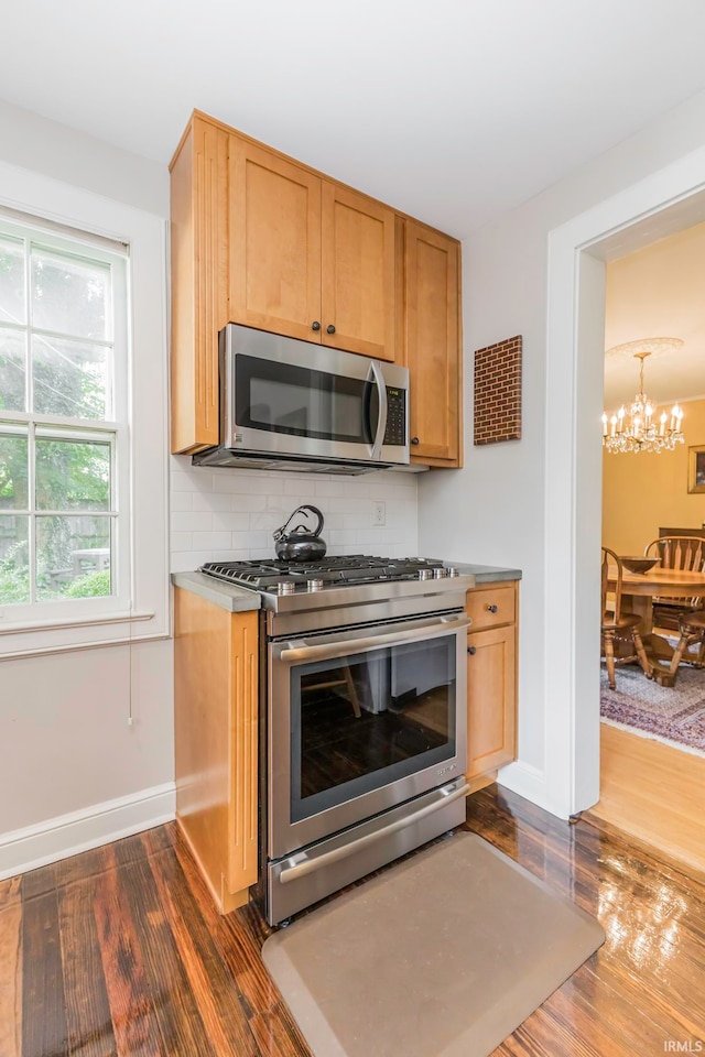 kitchen with backsplash, dark wood-type flooring, a notable chandelier, and appliances with stainless steel finishes