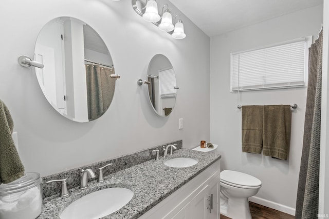 bathroom with wood-type flooring, vanity, and toilet