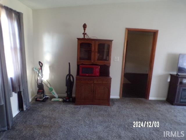 living room featuring dark colored carpet