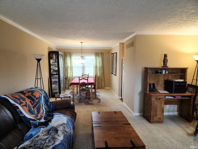 living room with crown molding, a textured ceiling, and light carpet