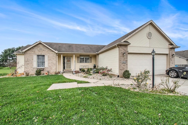 ranch-style house featuring a garage and a front yard