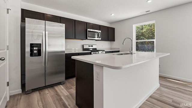 kitchen featuring sink, an island with sink, stainless steel appliances, and light hardwood / wood-style floors