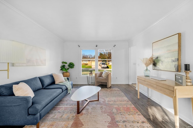 living room featuring dark hardwood / wood-style floors and crown molding