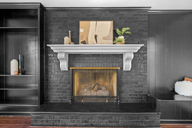 details with a brick fireplace