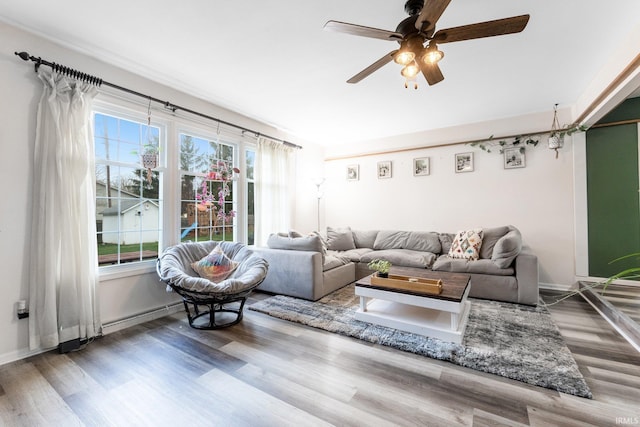 living room with hardwood / wood-style floors and ceiling fan