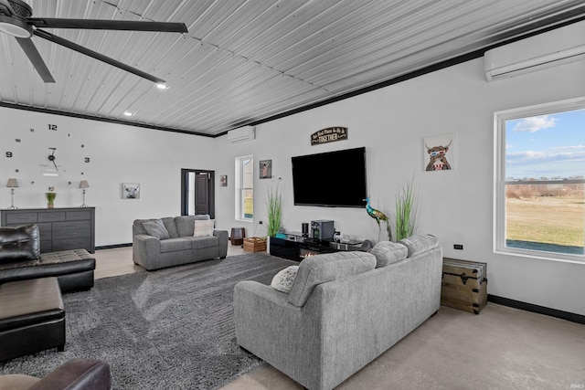 living room with ceiling fan, wood ceiling, and a wall mounted AC