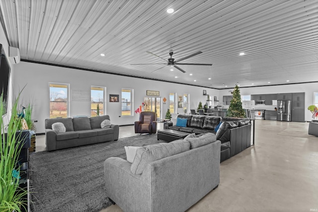 living room with ceiling fan and wood ceiling