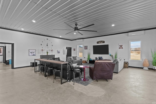 living room featuring a wall mounted air conditioner, bar area, and ceiling fan