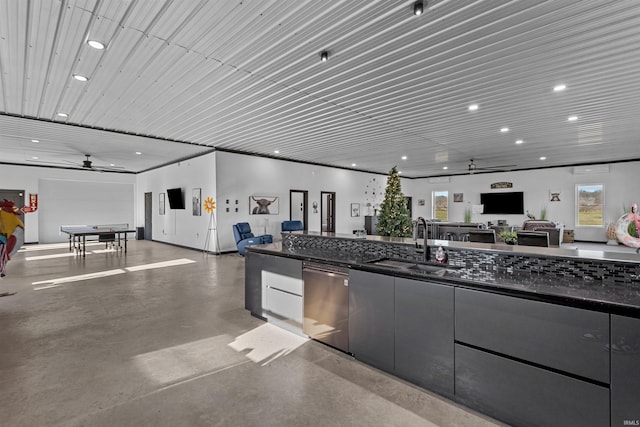 kitchen featuring concrete flooring, stainless steel dishwasher, ceiling fan, and sink